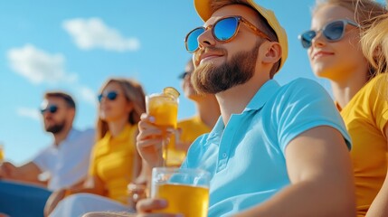 Group of friends enjoying drinks outdoors on a sunny day, capturing moments of joy and relaxation under a clear blue sky.