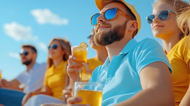 Group of friends enjoying drinks outdoors on a sunny day, capturing moments of joy and relaxation under a clear blue sky.