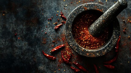 An artistic image of a mortar and pestle with ground spices, including crushed chili peppers, and scattered chili flakes on a dark, textured background.