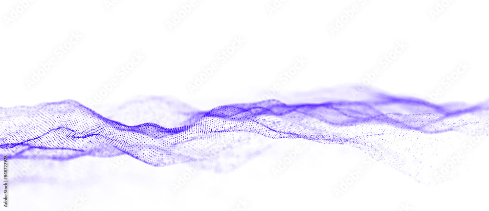 Poster Technology blue wave of particles. Big data visualization. Analytics representation. Digital background. 3d rendering.