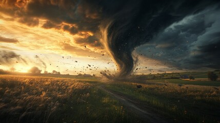 An artistic image of a tornado touching down in a rural area, with a dramatic sky and swirling debris captured in a wide-angle shot