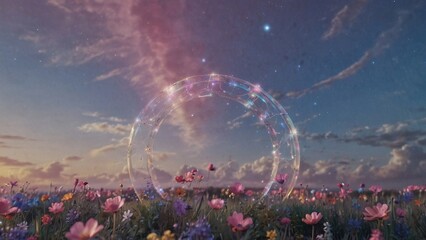 Fantasy scene of shining transparent portal made of glass, surrounded by landscape with field of flowers and dreamy clouds in the evening