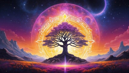 Beautiful fantasy landscape with tree of life surrounded by energy sphere, mountains and starry sky