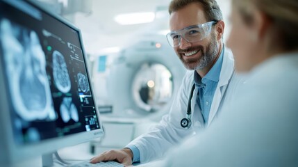 A cheerful, bearded male doctor and his colleague, wearing white lab coats and safety glasses, discussing brain scans and data in a high-tech medical facility.