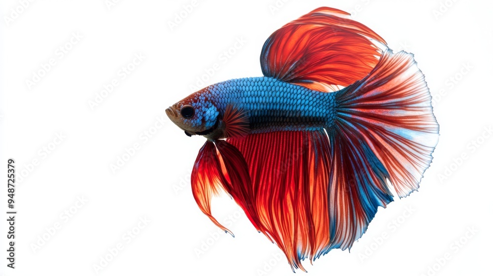 Poster An artistic shot of a betta fish with contrasting red and blue colors, floating elegantly against a white background, creating a bold and clean visual effect.