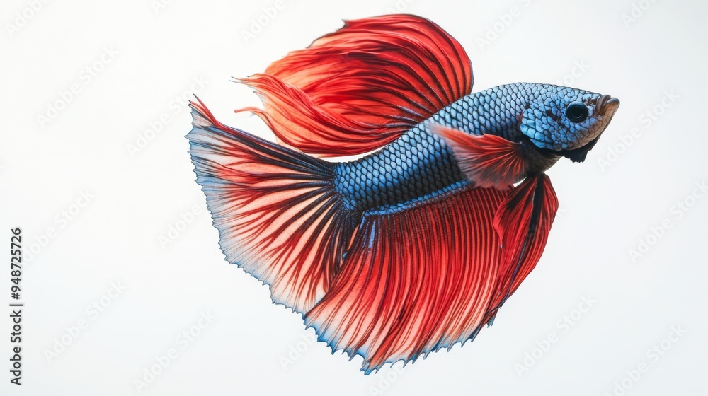 Poster An artistic shot of a betta fish with contrasting red and blue colors, floating elegantly against a white background, creating a bold and clean visual effect.