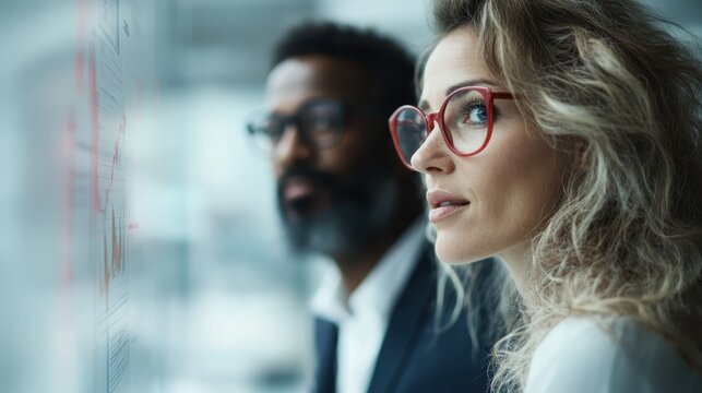 A woman and a man are focused on a presentation screen, seemingly analyzing data or concepts together in a professional and modern office environment.
