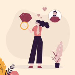 Beautiful woman holding diamond ring after proposing marriage. Man given girl gold wedding ring with brilliant. Happy girl thinking about her boyfriend or future husband.