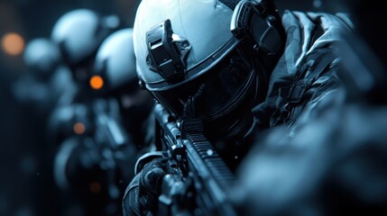 A SWAT team aiming their rifles during an intense urban operation. The scene exhibits unity, focus, and tactical precision in high-pressure conditions.