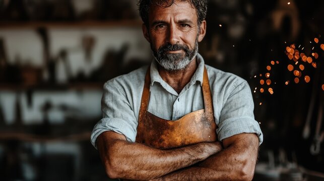 A smiling blacksmith in a workshop, wearing a leather apron and standing with arms crossed, surrounded by tools and a few sparks, showcasing pride and dedication. - Powered by Adobe