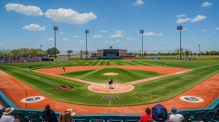 Obraz premium Envision a baseball game in a classic stadium on a sunny afternoon. The green grass of the field contrasts with the red dirt of the bases. Fans enjoy snacks and drinks as they watch the game unfold