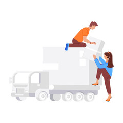 People loading truck for cargo delivery, flat illustration 

