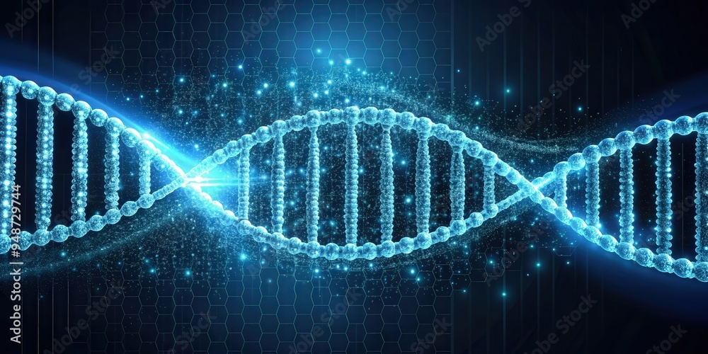 Poster artificial intelligence concept of dna molecule converted into binary code with modified genes, depi