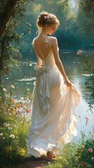 a beautiful woman in an elegant white dress walks gracefully through the garden on a water's edge surrounded by flowers and tree
