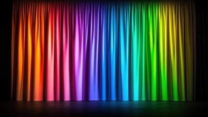 Stage lights forming a rainbow effect across a curtain backdrop, adding a playful and festive touch to the event, stage lights backdrop, rainbow lighting