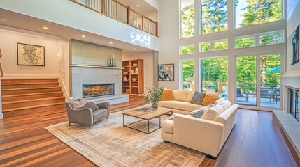 Modern living room with large windows, fireplace, and sectional sofa.