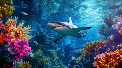 Fototapeta premium An underwater image of a shark gliding through a coral reef, with vibrant marine life and colorful corals creating a lively and engaging scene.