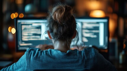 A focused programmer works on code displayed on dual screens in a dimly lit room at night, highlighting the dedication and concentration involved in the field of software development.
