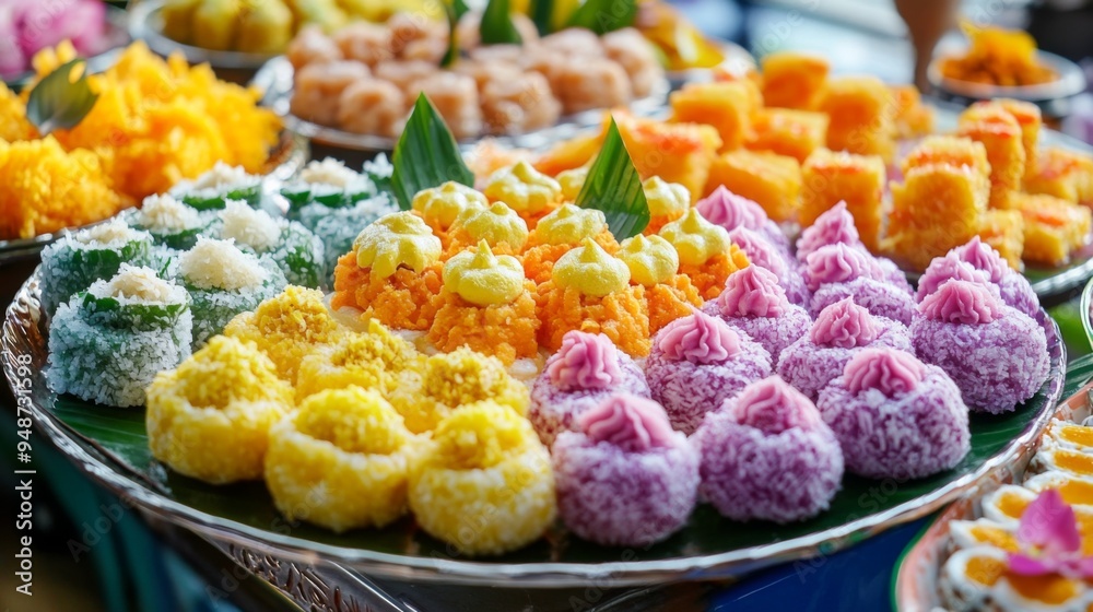 Poster close-up of a colorful array of thai desserts, such as khanom krok and bua loy, arranged beautifully