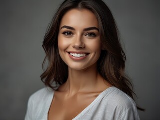 Portrait of brunette woman with white smile and healthy skin, grey background 