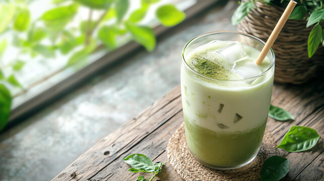 High-angle view of a glass of iced matcha latte with a bamboo straw