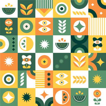 Patr&oacute;n abstracto geom&eacute;trico con flores, futas y ojos. Ilustraci&oacute;n minimalista vectorial. Formas de flores y frutas naturales. C&iacute;tricos de agricultura y ecolog&iacute;a. Para festividades, invitaciones.