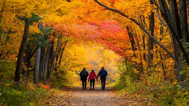 A scenic trail leading through a canopy of bright fall leaves where the trees create a vibrant archway overhead and hikers enjoy the sights sounds and smells of autumn in full display