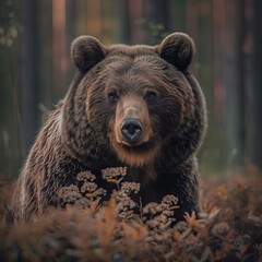 close up beautiful brown bear with a glossy coat and expressive eyes, softly blurred forest floor, soft, natural creating gentle highs on the bear s fur, midday, Style