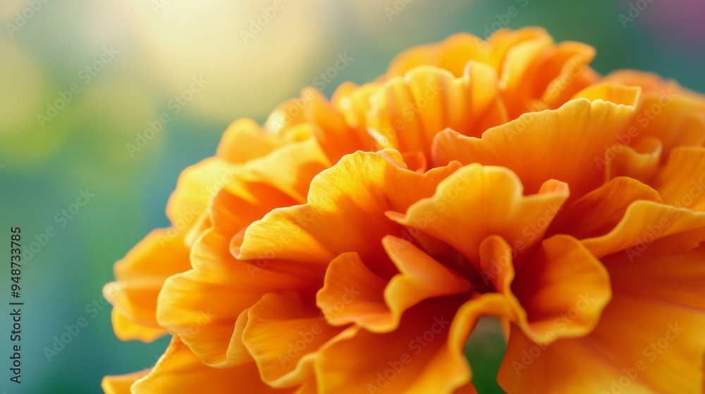 Poster close-up of a vibrant marigold, showcasing the intricate layers of its orange petals with a softly b
