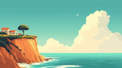 Naklejka premium A serene coastal view with vibrant cliffs, a quaint house, and clear skies, perfect for tranquil landscapes and nature themes.