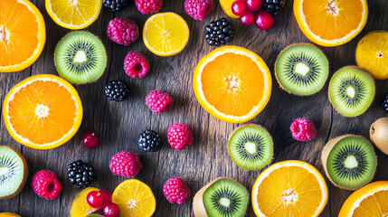 Flat lay of a selection of colorful fruits like oranges