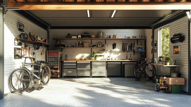 A well-organized garage with a bicycle, tools, and storage.