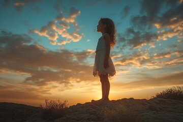 Silhouette of a Young Girl Against a Dramatic Sunset Sky