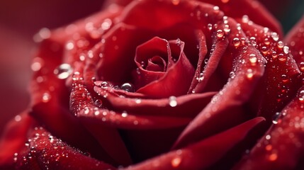 Naklejka premium Close-up shot of a vibrant red rose with dewdrops on its petals, capturing the intricate details of the flower in soft natural light.