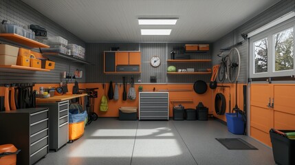 A well-organized garage with a gray concrete floor, orange walls, and a workbench with black drawers.