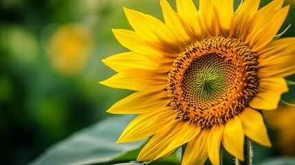 Obraz premium Detailed close-up of a blooming sunflower, focusing on the vivid yellow petals and the textured center against a blurred green background.