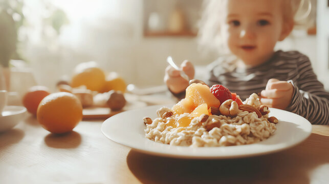 A cozy family breakfast scene with a child enjoying oatmeal topped with fresh fruits