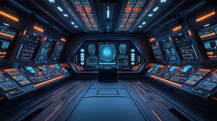 Obraz premium futuristic spacecraft control room banner background featuring high-tech design elements for a spaceships interior