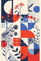 Modern collage of geometric shapes and botanical elements