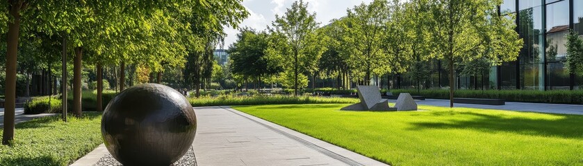 Fototapeta premium Modern park with manicured lawns, trees, and contemporary sculptures under a clear sky. Perfect for outdoor relaxation and corporate settings.