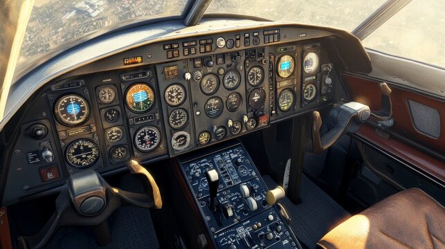 Vintage airplane cockpit with detailed flight instruments