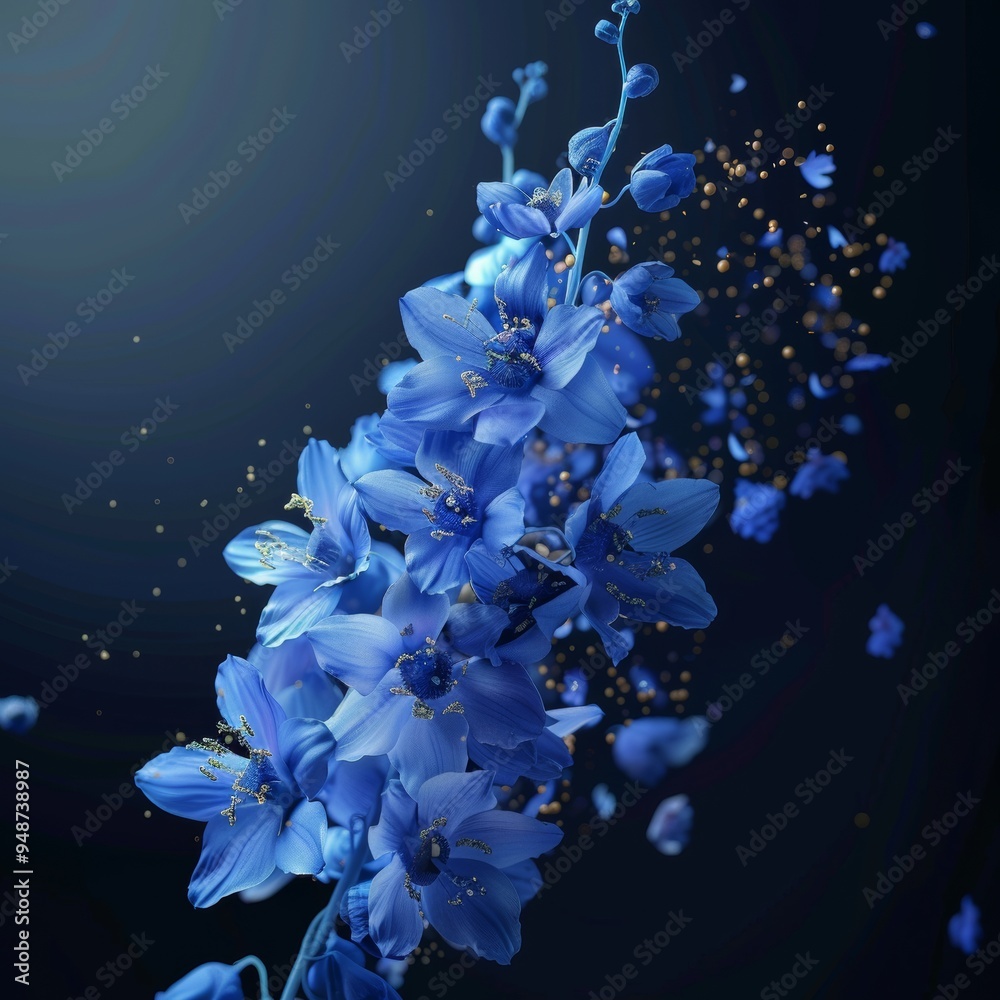 Canvas Prints Blue flowers with glitter on a dark background.