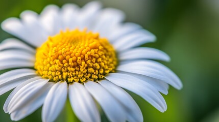 Obraz premium Macro shot of a daisy flower, focusing on the bright white petals and the contrasting yellow center in natural light. -