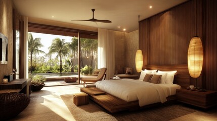 A cozy bedroom with a wooden bed and a view of a lush tropical garden.