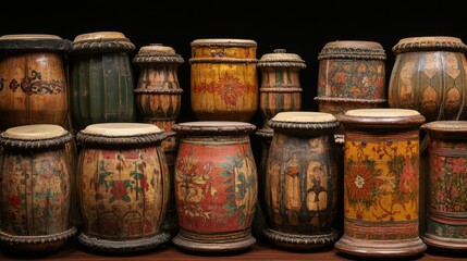 A collection of antique drums with intricate designs. These drums can be used for cultural or historical purposes.