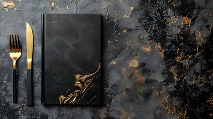 Top above view of black and golden elegant luxury restaurant menu book cover. Prestigious dinner food drink catalog on the table. Deluxe premium VIP elegance 