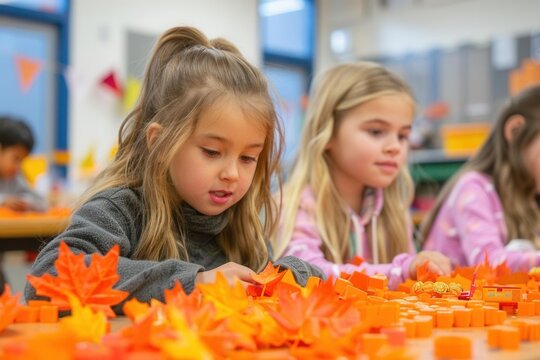 Autumn-themed math class, students solving problems with fall-themed manipulatives, Fall Math Class, Creative Learning,
