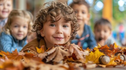 Kindergarten class with children playing with autumn leaves and acorns, hands-on activities and seasonal learning, Autumn Playtime, Early Childhood Education