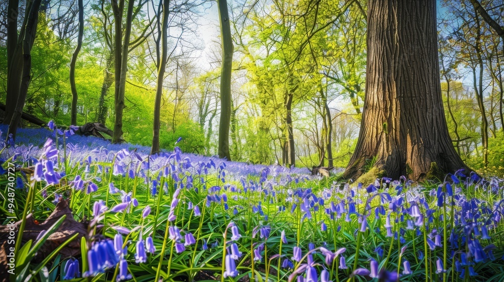 Sticker Bluebells bloom in a lush forest clearing, sunlight filtering through the trees.