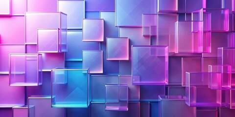 Abstract geometric background with translucent glass squares in violet, pink, and blue gradient colors, render